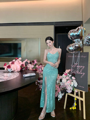 Green Sequin High-Slit Evening Dress ¨C Elegant Party & Formal Gown